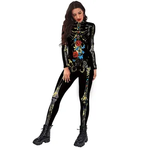 Damen Halloween Skelett Rose 3D Digitaldruck Jumpsuit Langarm Stehkragen Schmale Passform Bodycon Romper Party Cosplay Kostüm