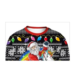 Women Christmas Sweatshirt Santa Claus Riding Unicorn Print Round Neck Long Sleeve Pullover Festive Ugly Christmas Sweater Style Top