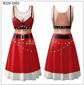 Front and back detail of sleeveless red Christmas dress with 3D digital holiday print