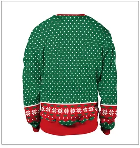 Rückansicht grünes Weihnachts-Sweatshirt mit Schneeflockenmuster und roten Rippstrickbündchen