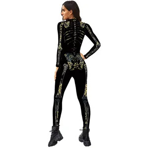 Halloween Damen-Jumpsuit mit goldenem 3D-Knochendruck, figurbetont und langärmelig