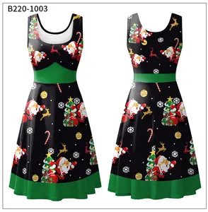 Detailed front and back views of a sleeveless Christmas dress with festive prints