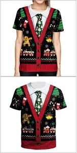 Detail van 3D Kerst t-shirt met een creatieve faux cardigan en stropdas ontwerp