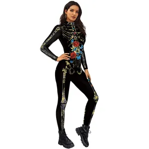 Damen 3D Skelett Jumpsuit mit roten Rosen und blauen Schmetterlingen für Halloween