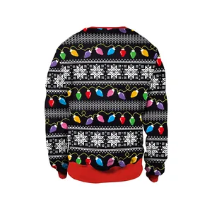 Christmas sweater with festive bulb print and snowflake patterns on a black knit background