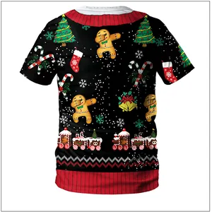 Achteraanzicht van een zwart kerst-T-shirt met peperkoek en feestelijke cartoonprints