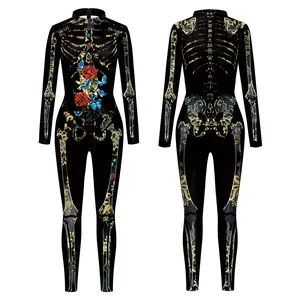 Halloween Damen Jumpsuit mit Skelett-Druck und roten Rosen auf schwarzem Stoff