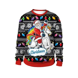 Christmas sweatshirt with Santa riding a rainbow unicorn on black fabric for couples