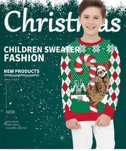 Detail of Christmas kids sweater with cute sloth print and red-green argyle pattern sleeves