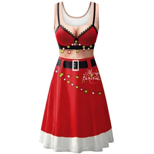 Women sleeveless Christmas print midi dress featuring funny holiday bikini pattern