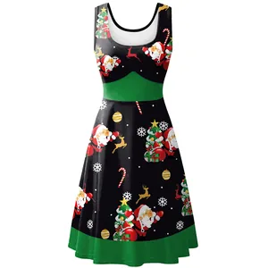 Women's sleeveless A-line Christmas dress featuring Santa and reindeer digital prints