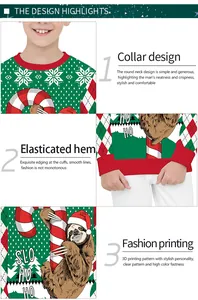 Detailed view of the ribbed crew neck and 3D sloth print on the Christmas sweatshirt