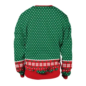 Rückansicht eines Weihnachts-Sweatshirts mit festlichen Mustern und rotem Rippbündchen