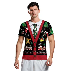 Heren Casual Kerstprint T-Shirt Loose Fit Korte Mouw Ronde Hals Feestelijke Ugly Sweater Stijl Digitale Print Spandex Top