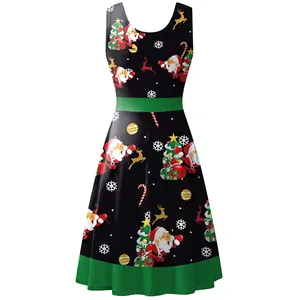 Christmas sleeveless A-line midi dress with festive Santa and reindeer digital prints