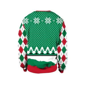 Sweat de Noël vert avec motifs festifs et manches à losanges rouges de style classique