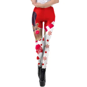 Women's Christmas leggings with red and white reindeer print for holiday parties