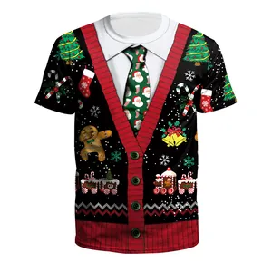 Kerst-T-shirt voor heren met 3D-vakantieprint, sneeuwvlokken en zuurstokken