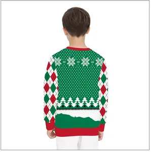 Back view of kids Christmas sweatshirt with snowflake print and argyle sleeve details