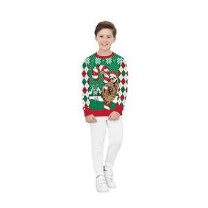 Kids Christmas Sweatshirt Funny 3D Sloth Print Long Sleeve Crew Neck Pullover Red Green Argyle Snowflake Pattern Holiday Party Top