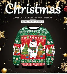 Close-up of festive Christmas snowman and reindeer prints on a long sleeve red sweatshirt
