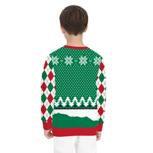 Kids Christmas sloth print sweatshirt with festive red green pattern and round neck