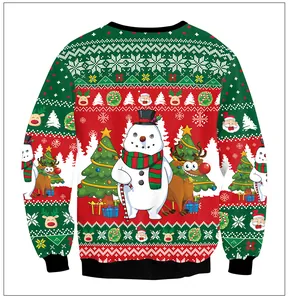 Close-up of festive Christmas pattern with Santa and snowmen on red crewneck sweatshirt