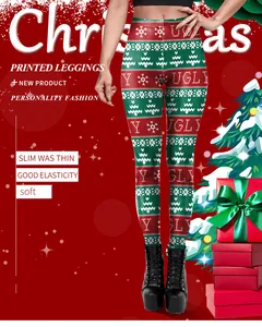 Detail showing Christmas printed leggings with red and green patterns and UGLY text