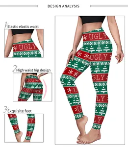 Detail view of high-waist Christmas leggings with snowflake and tree patterns