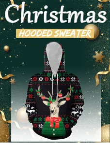 Detail of hooded sweater showing Christmas elk 3D digital print and kangaroo pocket