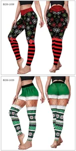 Detail view of high-waist Christmas leggings with snowflake patterns and festive prints