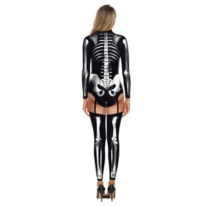 Adult Halloween skeleton print bodysuit with matching thigh high socks on white background
