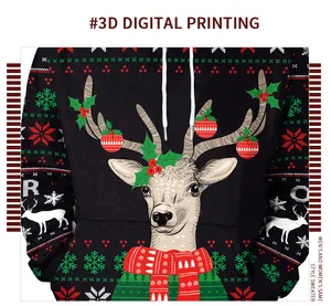 Close-up of 3D digital reindeer print on black Christmas hoodie with white drawstrings