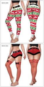 Detail of Christmas leggings featuring Nordic reindeer prints and festive Santa belt designs