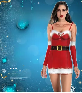 Detail of red Christmas bodycon jumpsuit with white plush print and festive belt design
