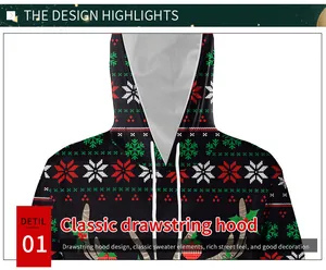 Detail of drawstring hood on black Christmas hoodie with festive elk and snowflake print