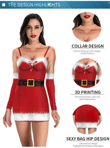 Detail of Christmas dress showing 3D Santa print, neckline, and bodycon hemline finish