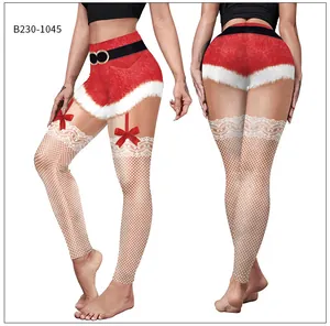 Detail view of Santa Claus print leggings with white lace and red bow patterns