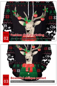 Detail of digital elk print and front pocket on black oversized Christmas hoodie