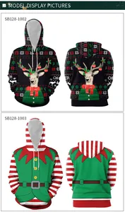 Detail view of 3D reindeer and Christmas elf prints on festive hooded sweatshirts