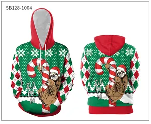 Front and back detail of Christmas hoodie featuring sloth print and festive patterns