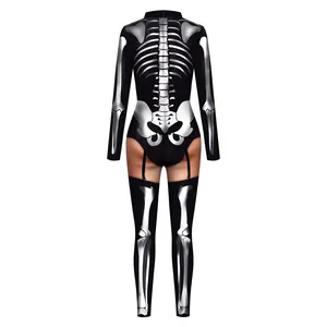 Back view of skeleton printed bodysuit costume with thigh-high bone stockings for cosplay