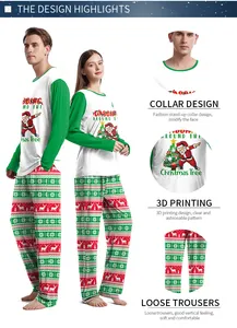Detail view showing 3D Christmas print and elastic cuffs on festive couple pajamas