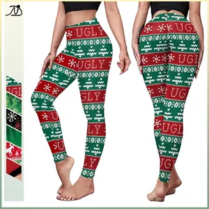 Women Christmas Print Leggings High Waist Stretchy Yoga Pants Ugly Christmas Style Festive Snowflakes Santa Holiday Party Trousers