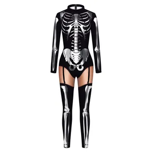 Skeleton print bodysuit and thigh-high socks costume for adult Halloween cosplay