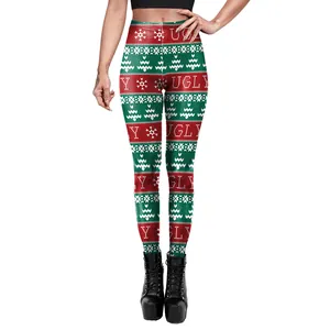 Women's slim fit Christmas leggings with red and green snowflake pattern and UGLY print