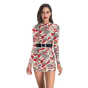 Christmas cat print long sleeve slim dress with red hat kittens and black belt