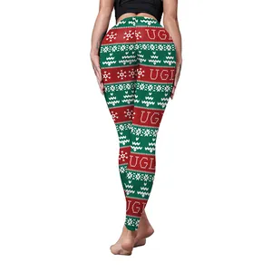 Women's Christmas leggings featuring red and green snowflake patterns and holiday prints