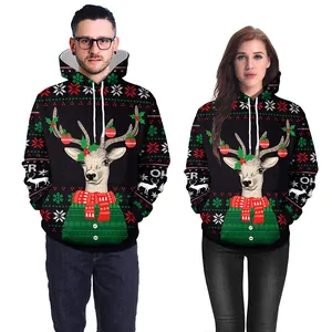 Loose Christmas hoodie with colorful reindeer print and festive snowflake patterns