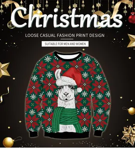 Close-up of festive Christmas sweatshirt featuring cute alpaca print and snowflake patterns